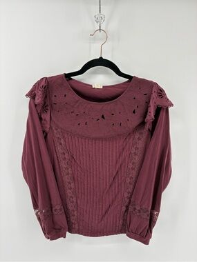 TINY Anthropologie Elegant Lace Trim Blouse - Deep Burgundy